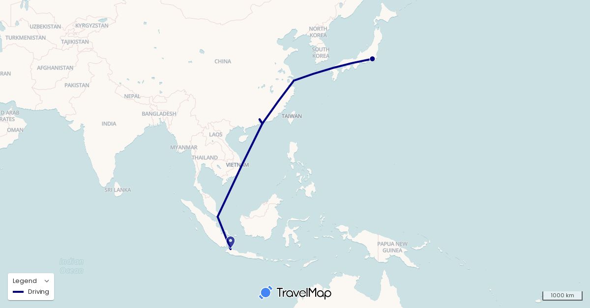 TravelMap itinerary: driving in China, Indonesia, Japan, Singapore (Asia)